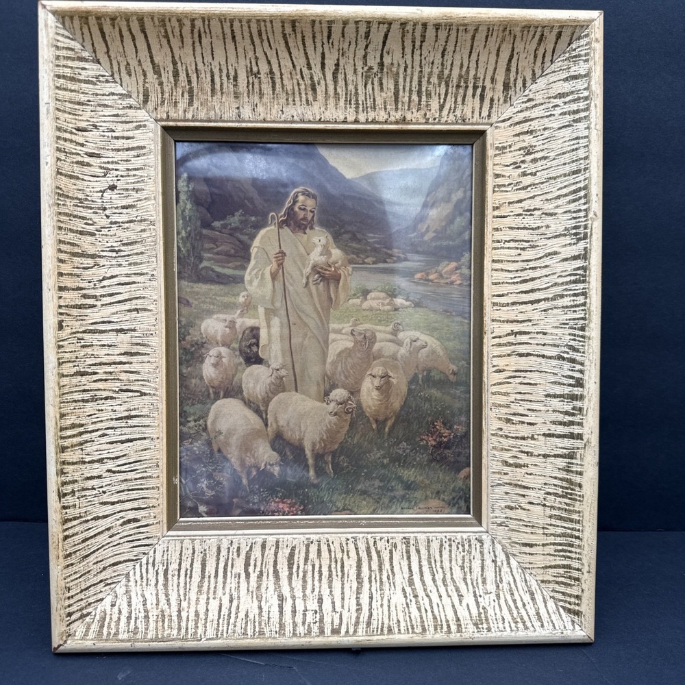 Vtg Wood Frame Warner Sallman Good Shepherd 1943 Print Christian Wall Art MCM